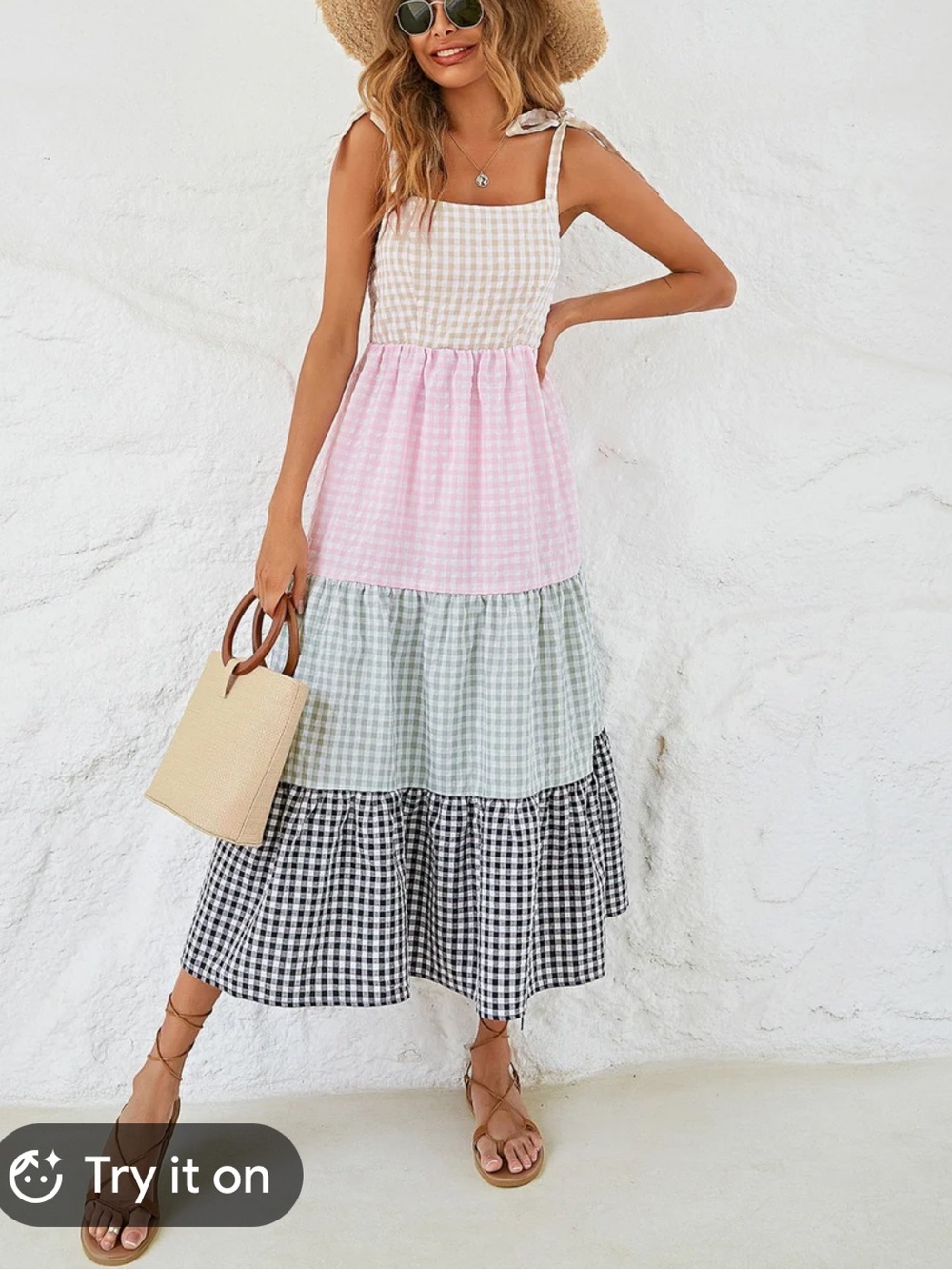 Tiered Gingham Tie-Shoulder Maxi Dress in Pink, Sage & Black